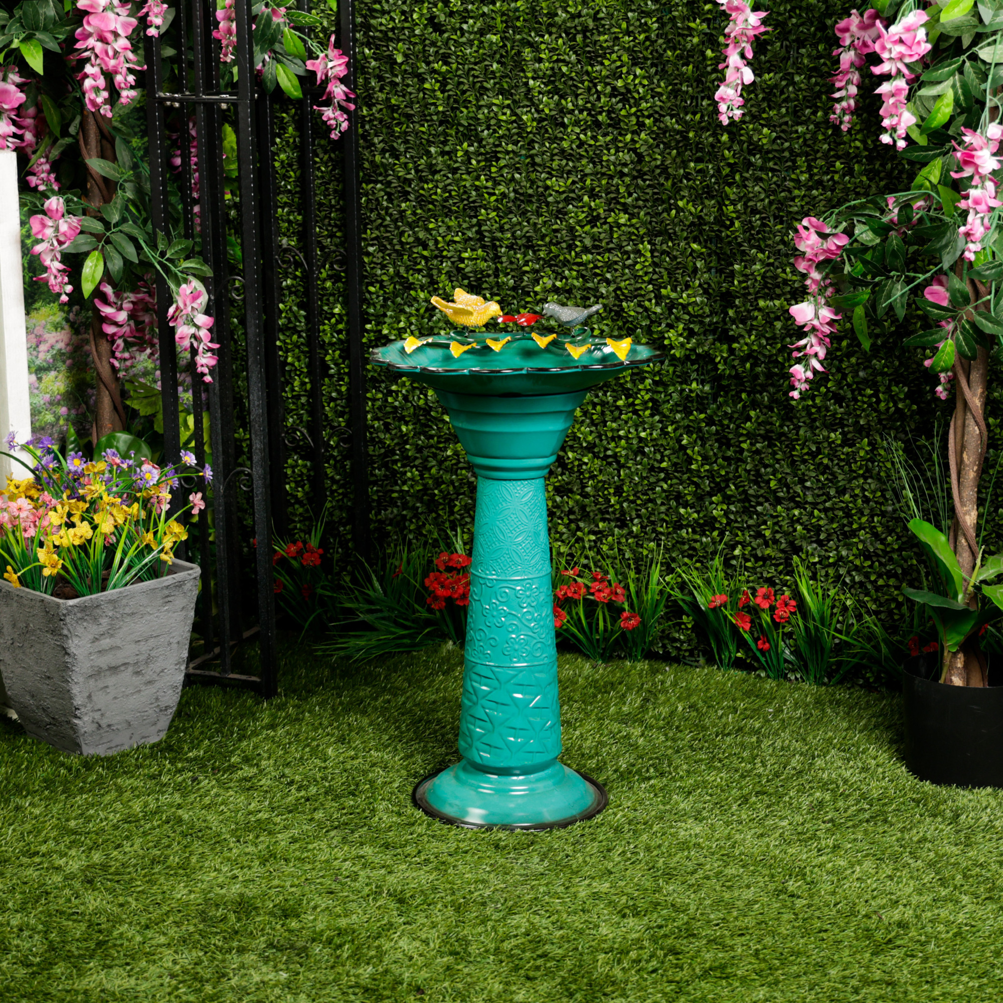 Alpine Corporation ORS112GN Vintage Metal Pedestal Birdbath with Stand, Shallow Bird Bath Bowl for Outside, 28"H, Green